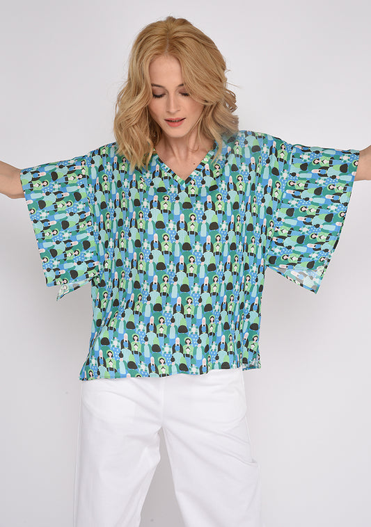 TISSU EN CREPE DE VISCOSE FLUIDE IMPRIME GRAPHIQUE FOULE BLEU