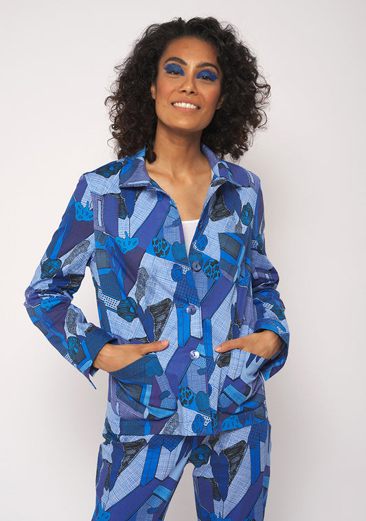 TISSU EN COTON STRETCH UN PEU ÉPAIS IMPRIMÉ GRAPHIQUE BLEU ARCHI