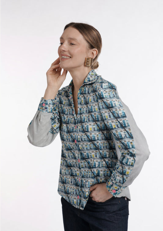 TISSU VISCOSE STRETCH IMPRIMÉ PHOTO ESCALIER BLEU