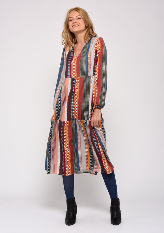 TISSU FLUIDE EN TWILL DE POLYESTER IMPRIMÉ RAYURES FANTAISIES MULTICOLORE BLEUES VINTAGE