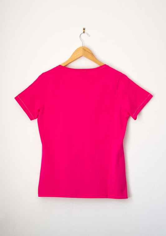 T-SHIRT COL V EN COTON FUSHIA