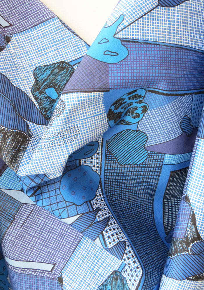 TISSU EN COTON STRETCH UN PEU ÉPAIS IMPRIMÉ GRAPHIQUE BLEU ARCHI