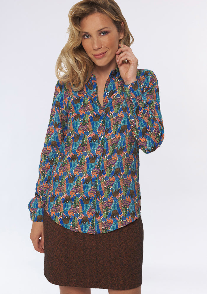 TISSU EN CREPE DE VISCOSE FLUIDE IMPRIME BLEU DESSIN OURS