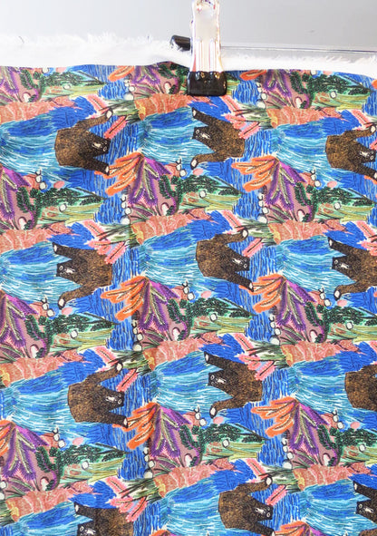 TISSU EN CREPE DE VISCOSE FLUIDE IMPRIME BLEU DESSIN OURS