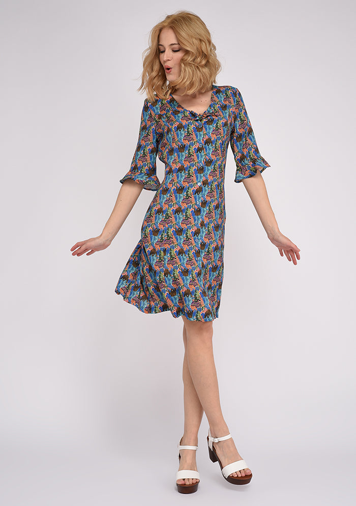 TISSU EN CREPE DE VISCOSE FLUIDE IMPRIME BLEU DESSIN OURS