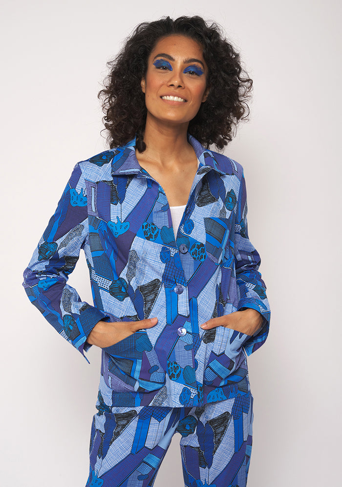 TISSU EN COTON STRETCH UN PEU ÉPAIS IMPRIMÉ GRAPHIQUE BLEU ARCHI