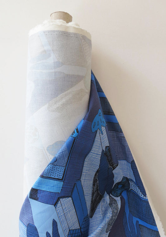 TISSU EN COTON STRETCH UN PEU ÉPAIS IMPRIMÉ GRAPHIQUE BLEU ARCHI