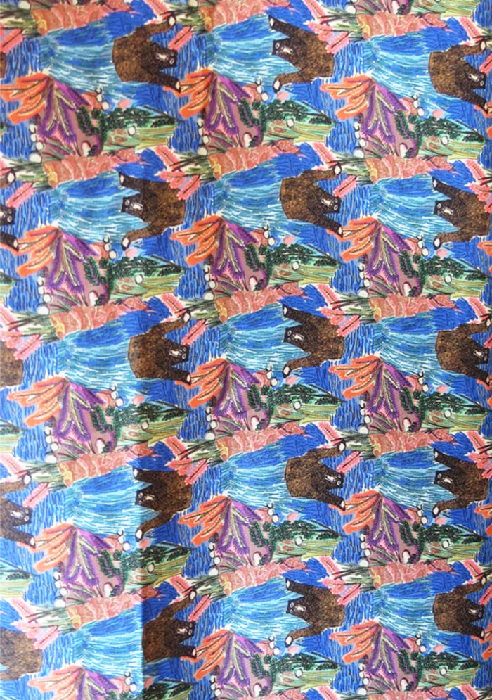 TISSU EN CREPE DE VISCOSE FLUIDE IMPRIME BLEU DESSIN OURS
