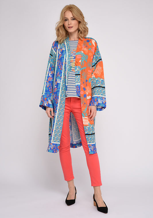 TISSU EN CREPE DE VISCOSE FLUIDE IMPRIME GRAPHIQUE FOULARD TYPO BLEU ET ORANGE