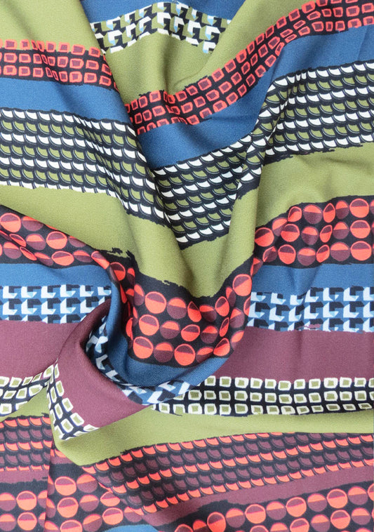 TISSU FLUIDE EN TWILL DE POLYESTER IMPRIMÉ RAYURES FANTAISIES MULTICOLORE VERT VINTAGE