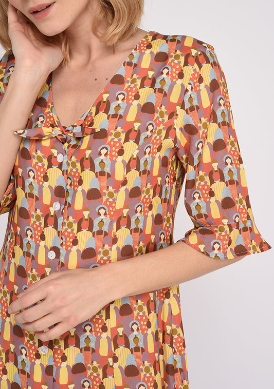 TISSU EN CREPE DE VISCOSE FLUIDE IMPRIME GRAPHIQUE FOULE BLEU