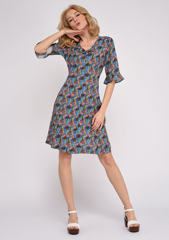 TISSU EN CREPE DE VISCOSE FLUIDE IMPRIME BLEU DESSIN OURS