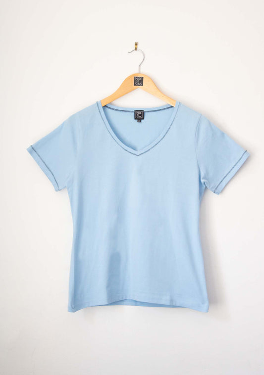 T-SHIRT COL V EN COTON CIEL