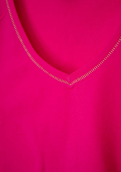 T-SHIRT COL V EN COTON FUSHIA