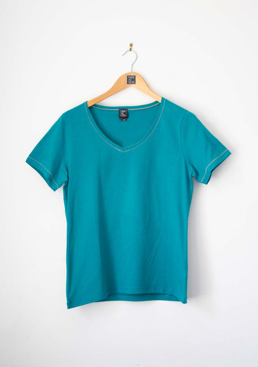 T-SHIRT COL V EN COTON PETROLE